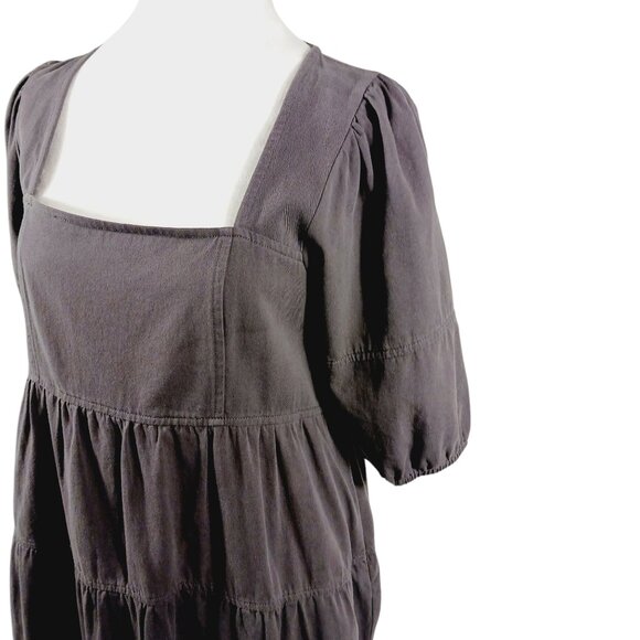 Altar'd State,  Gray Tiered Cotton Mini Dress, Size Small Short Sleeve, Fringed - Picture 4 of 16